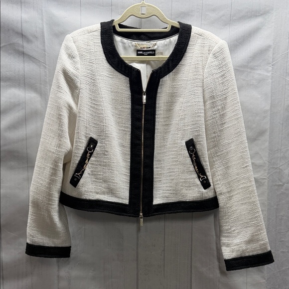 Karl Lagerfeld Paris White Black Colorblocked Tweed Chain Cropped Zip Up Blazer - Picture 3 of 11